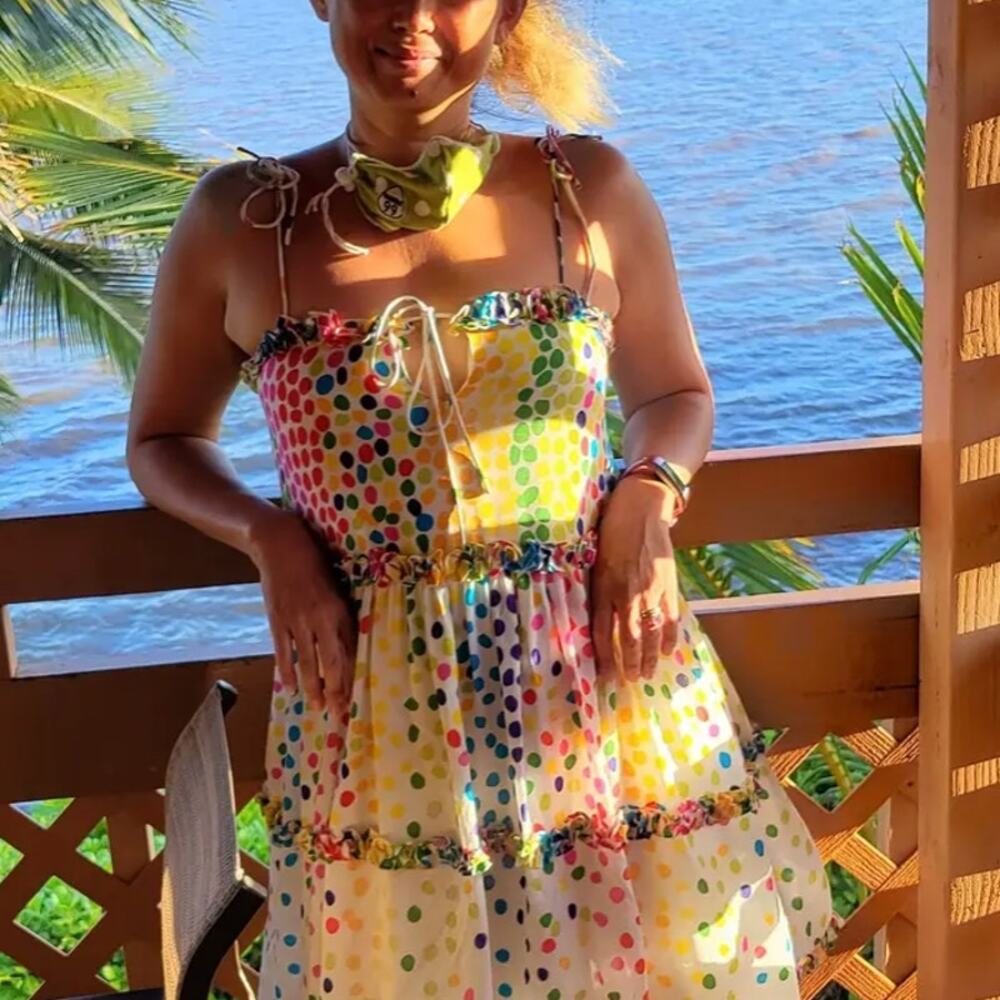 All Things Mochi Rainbow Mini Dress Polkadot Silk Chiffon Ruffle Designer $365 - Picture 7 of 14